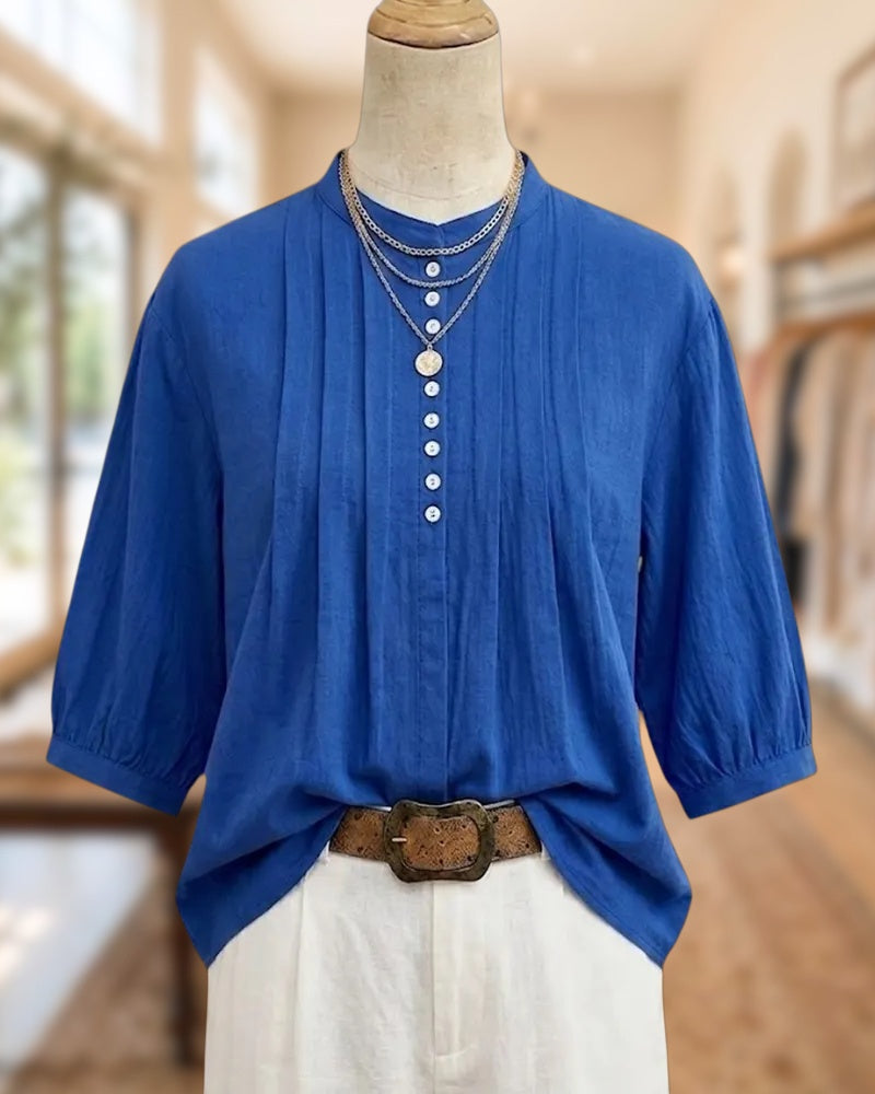 Mandarin Collar Pleated Front 3/4 Sleeve Blouse