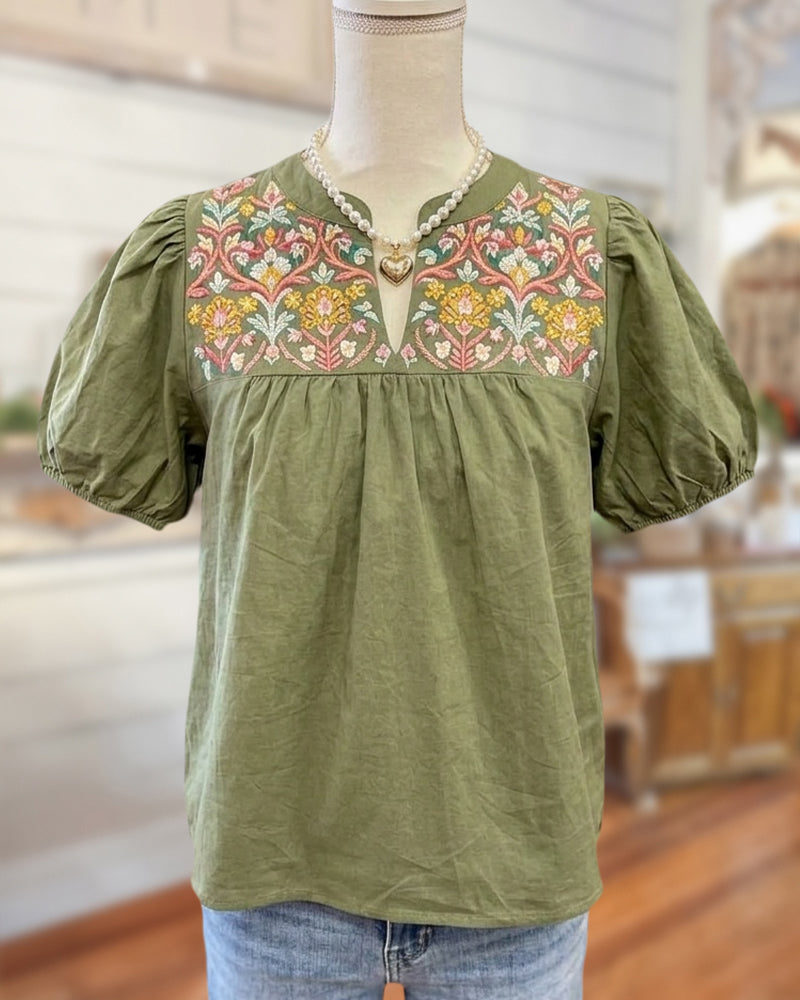 Floral Embroidered Puff Sleeve V Neck Gathered Casual Blouse