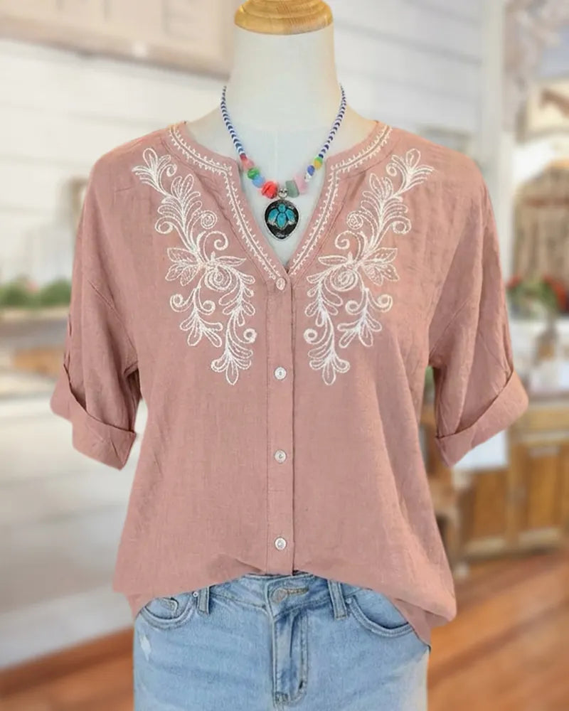 Embroidered V Neck Button Up Rolled Sleeve Casual Blouse