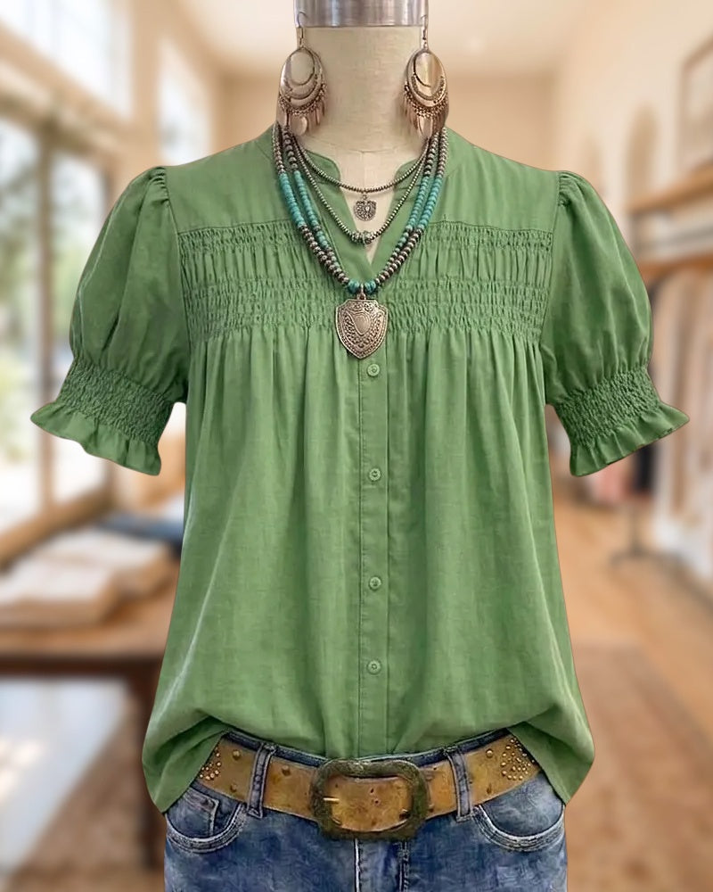Smocked Puff Sleeve V-Neck Button Front Ruffle Cuff Casual Blouse