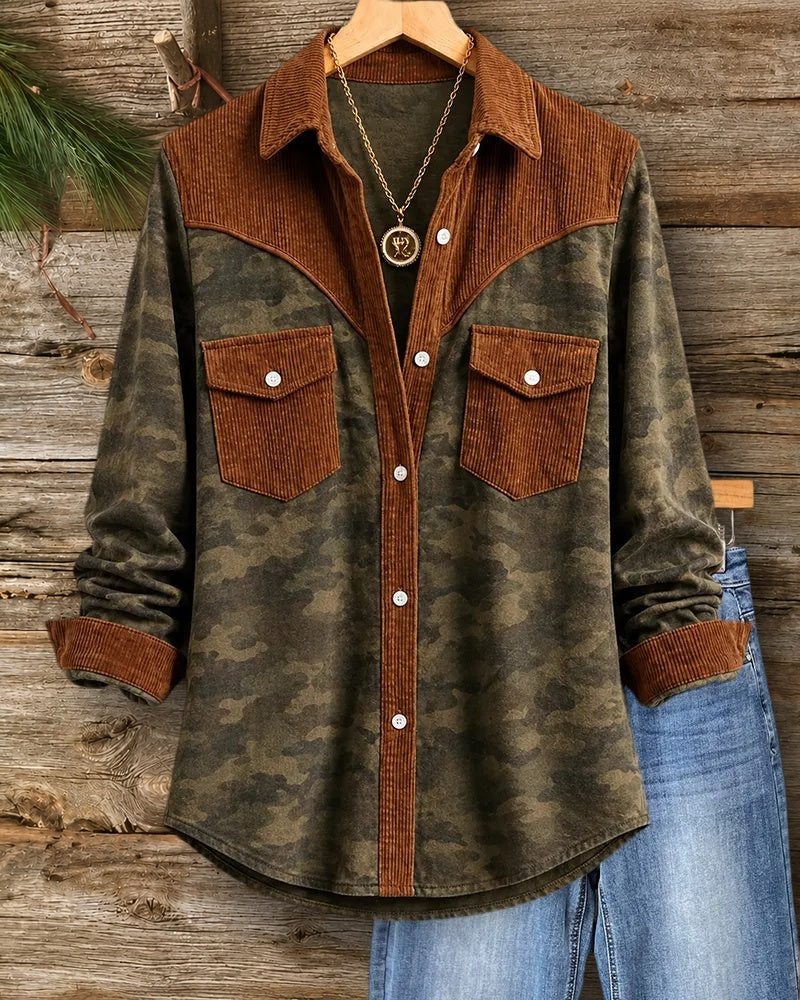 Contrast Trim Camo Print Button Front Flap Pocket Stylish Shirt