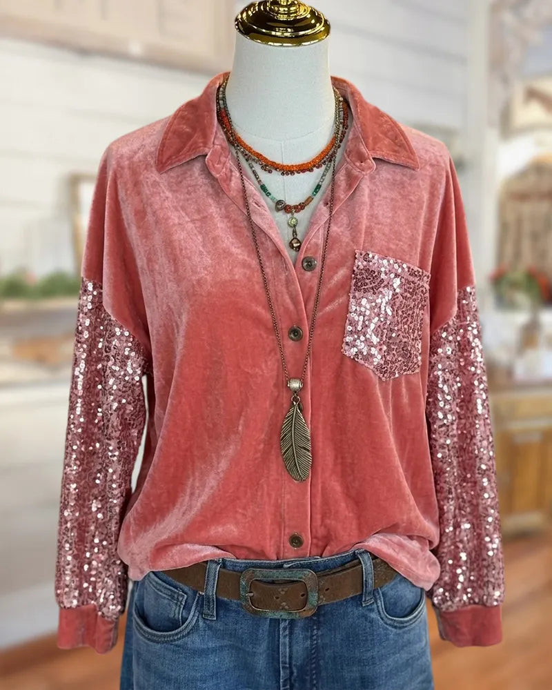 Sequin Accent Collared Button Front Patch Pocket Long Sleeve Shirt