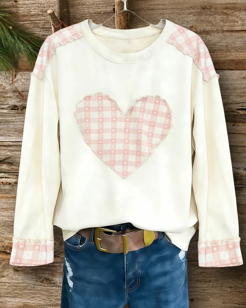 Heart Applique Girly Round Neck Patchwork Shirt