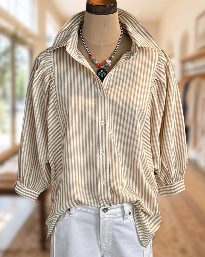 Ruched Shoulder Striped Collared Button Front 3/4 Sleeve Shirt