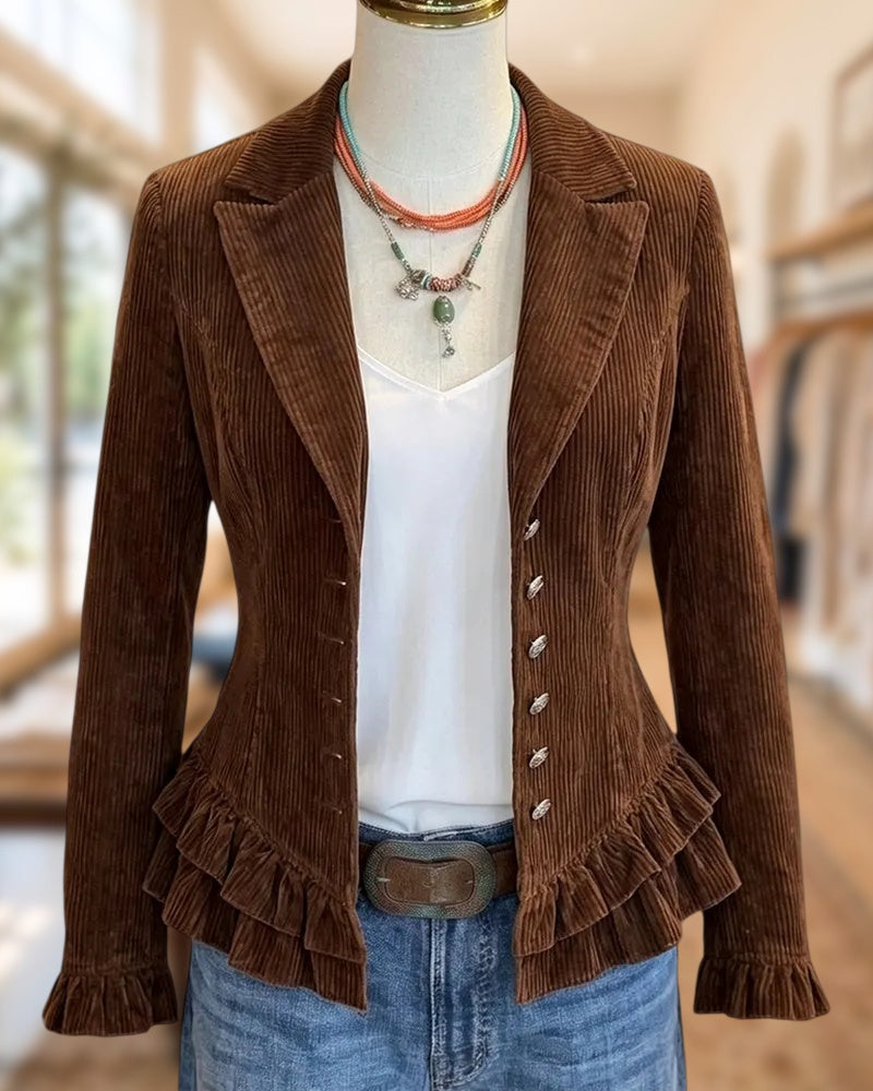 Corduroy Ruffled Hem Notched Lapel Slim Fit Single Breasted Blazer