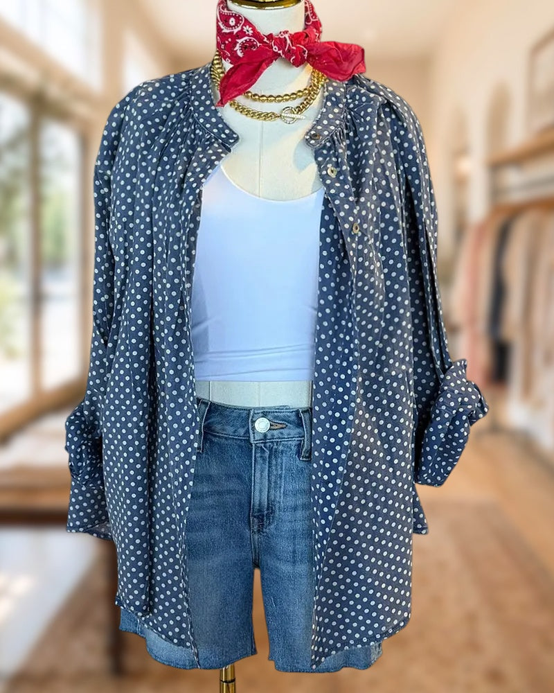 Polka Dot Button Front Long Sleeve Relaxed Fit Casual Shirt