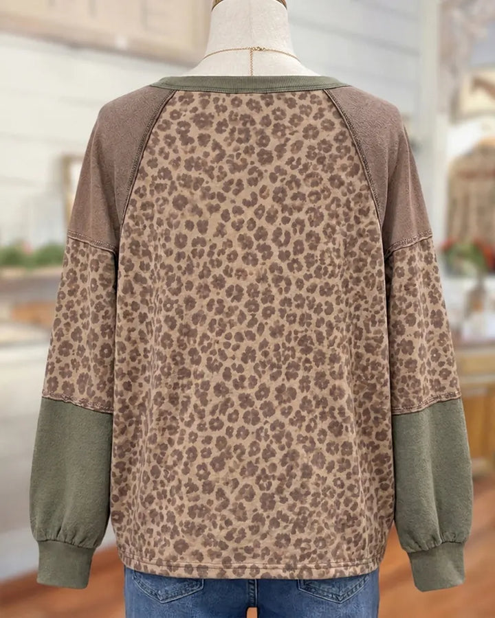 Leopard Patchwork Floral Applique Contrast Sleeve Cozy Chic Sweatshirt