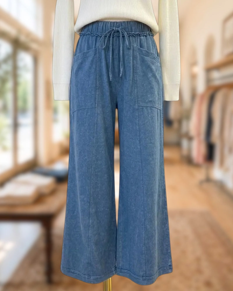 Elastic Drawstring Waist Patch Pocket Wide Leg Casual Pants