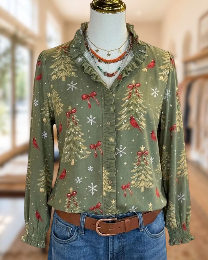 Ruffle Trim Christmas Print Button Front Smocked Cuff Blouse
