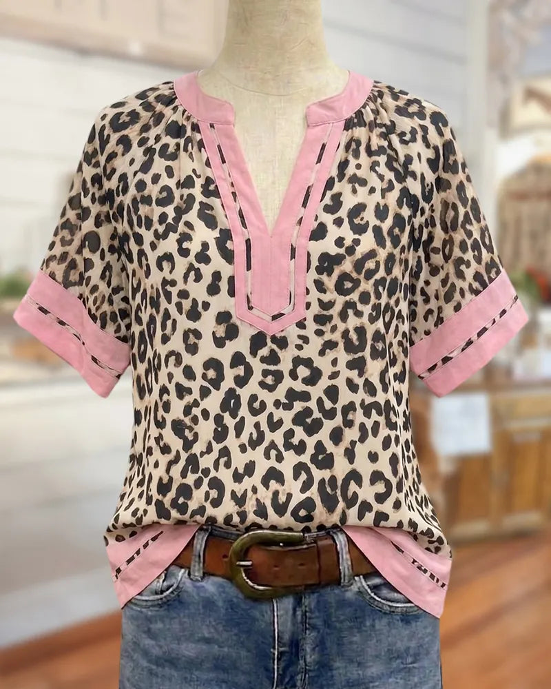 Leopard Print Contrast Trim V Neck Short Sleeve Blouse
