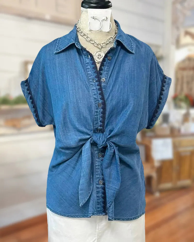 Button Down Collared Short Sleeve Front Tie Scallop Trim Shirt
