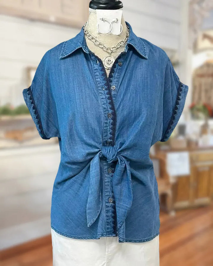 Button Down Collared Short Sleeve Front Tie Scallop Trim Shirt