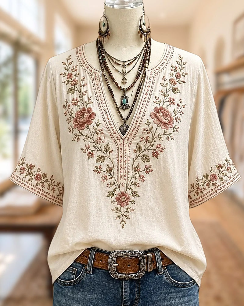 V Neck Floral Embroidered Half Sleeve Relaxed Fit Casual Blouse
