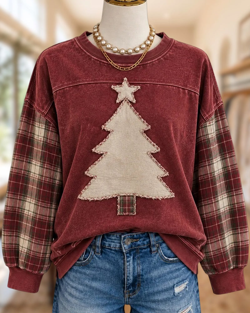 Christmas Tree Applique Plaid Patchwork Crew Neck Sweatshirt