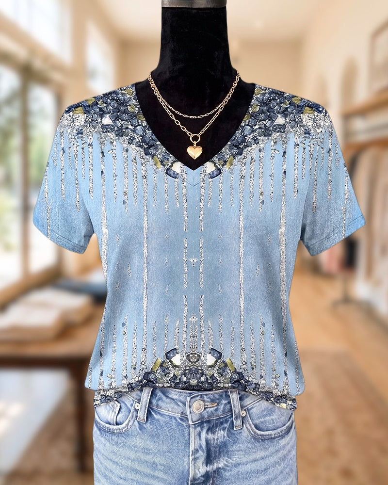 V Neck Short Sleeve Cascading Jewel Print Casual T-shirt
