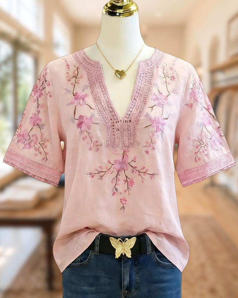 Floral Print Lacy Trim Retro V Neck Blouse