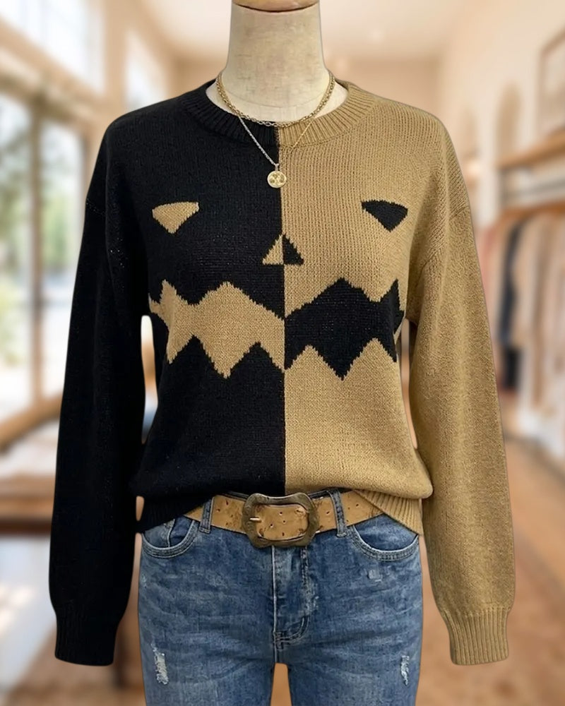Halloween Contrast Split Pumpkin Face Crew Neck Knit Sweater