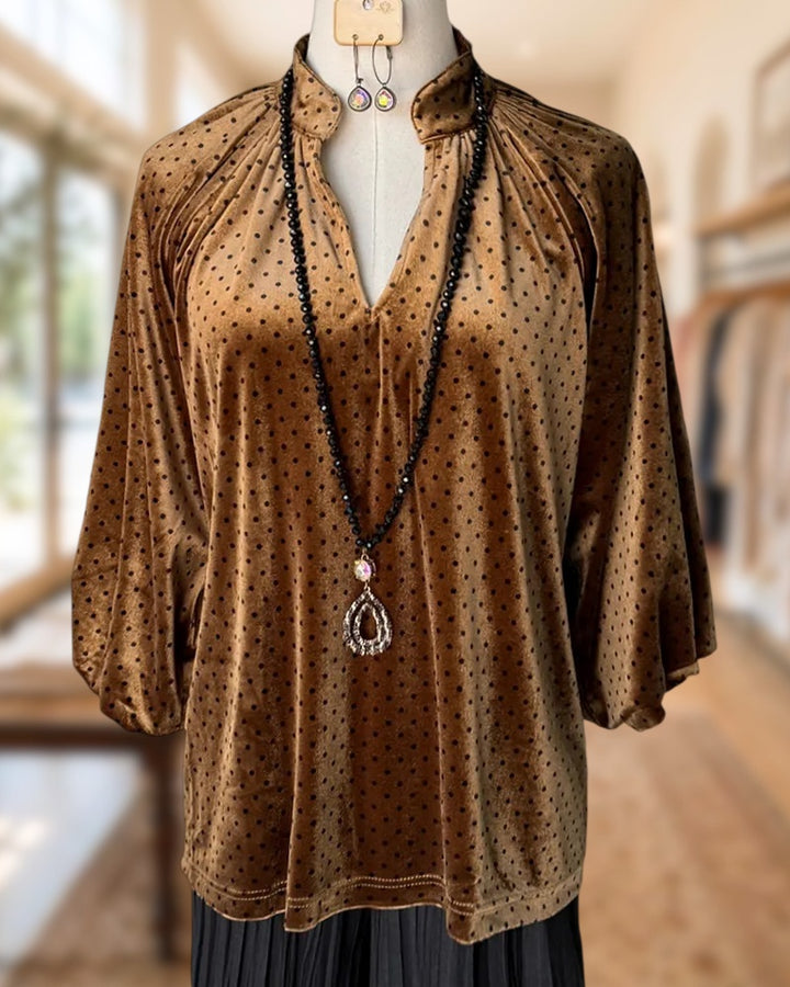 Polka Dot Velvet V Neck Elegant 3/4 Sleeve Blouse