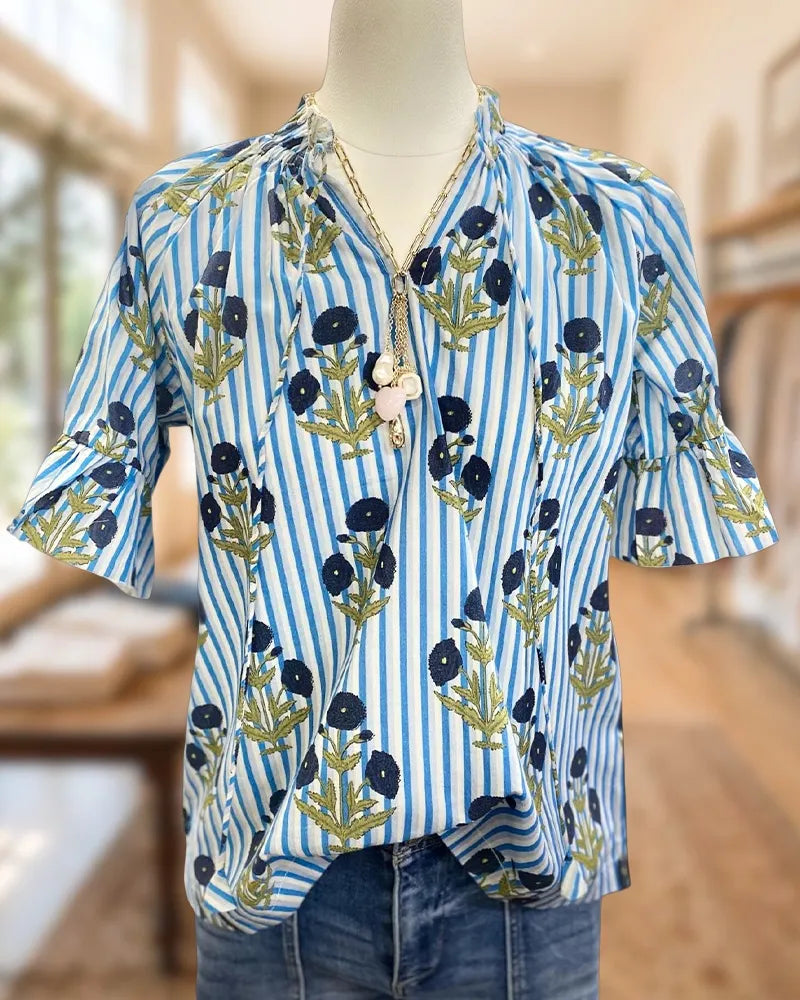 Striped Floral Print Tie Neck Ruffle Sleeve Feminine Blouse