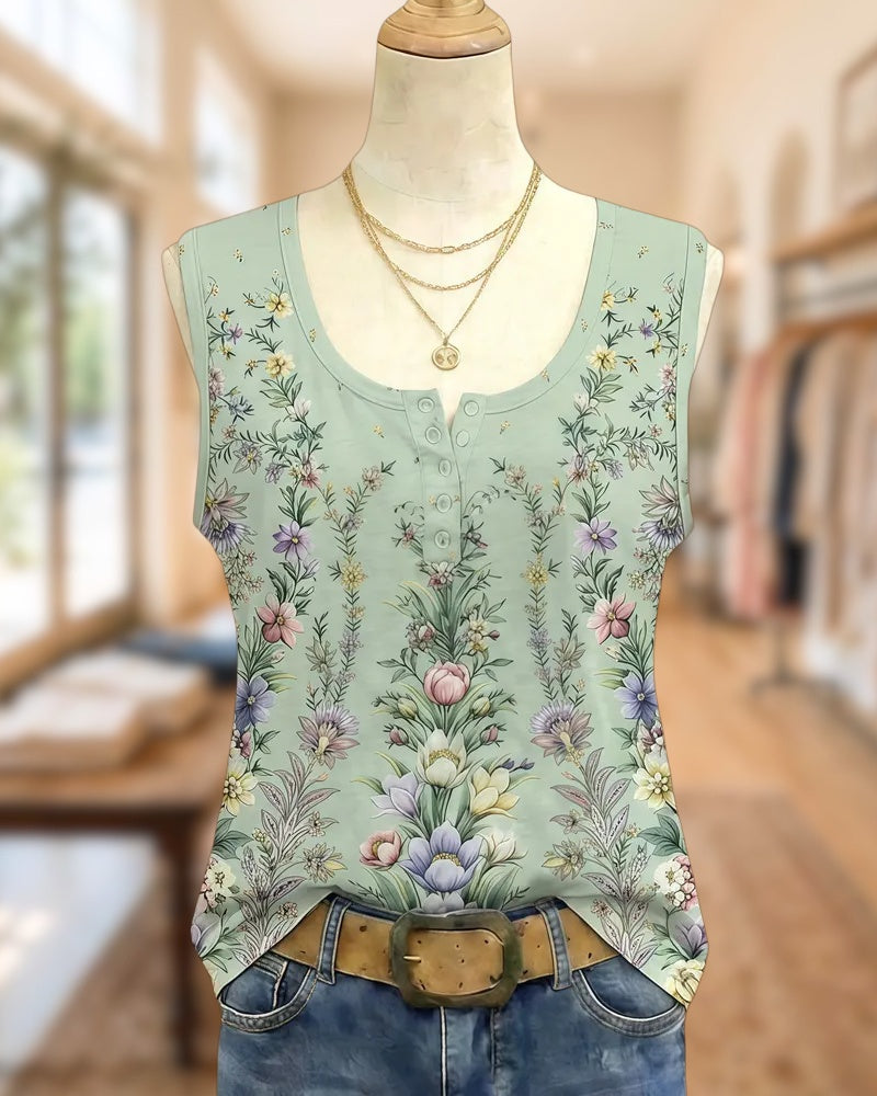 Floral Print Sleeveless Round Neck Cozy T-Shirt
