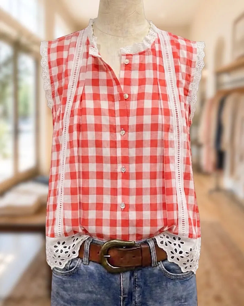 Gingham Sleeveless Blouse with Lace Trim Eyelet Detail Button Front
