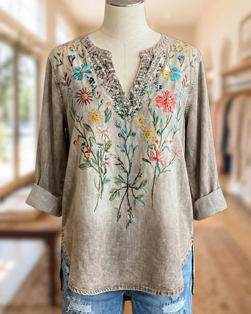 Floral Embroidered V Neck Rolled Cuff Side Slit Blouse