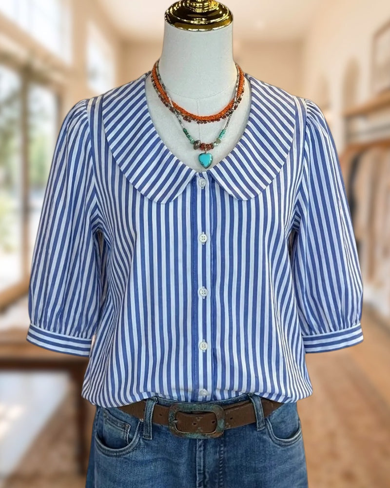 Peter Pan Collar Striped Puff Sleeve Button Front Blouse