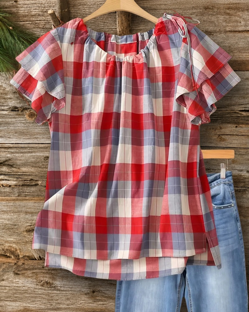 Flutter Sleeve Drawstring Shoulder Gathered Neck High Low Plaid Blouse