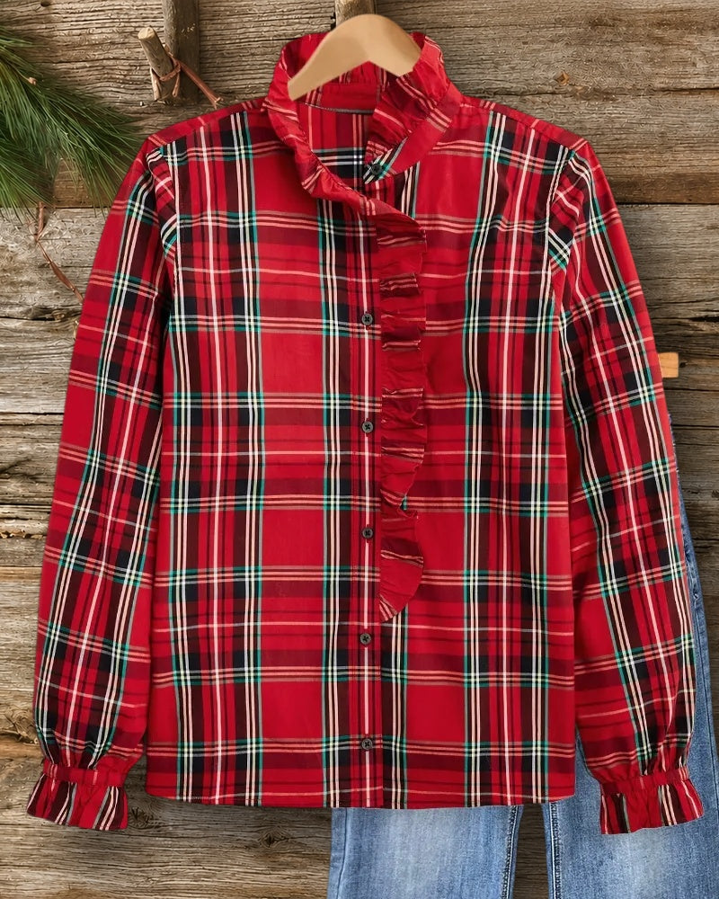 Plaid Elegant Ruffles Trim Button Down Blouse