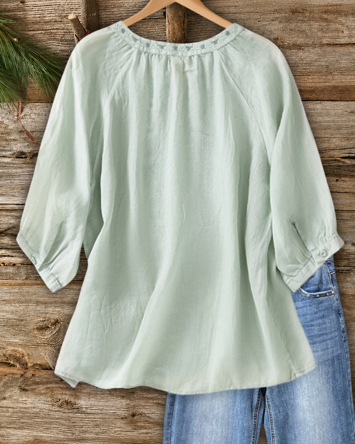 Floral Embroidered V Neck 3/4 Sleeve Loose Casual Blouse