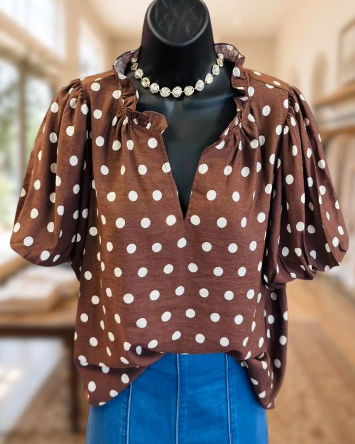 Ruffle Trim V Neck Puff Sleeve Polka Dot Versatile Blouse