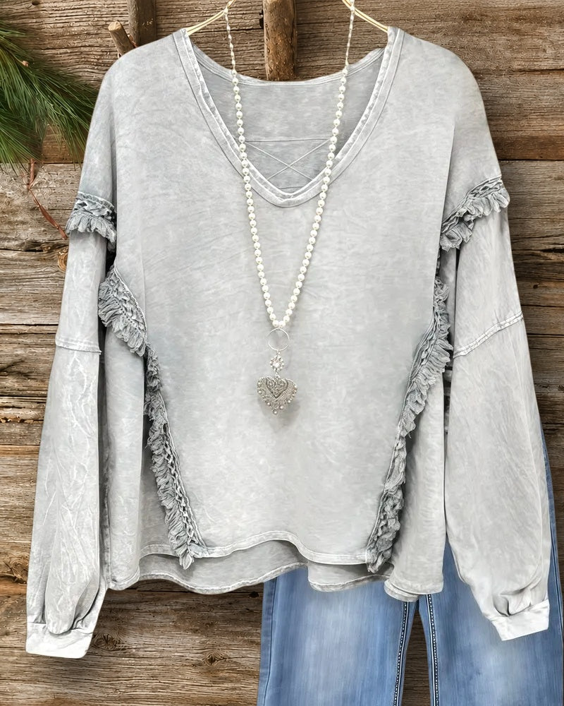 Distressed Tassel Decor Unusual V Neck Blouse