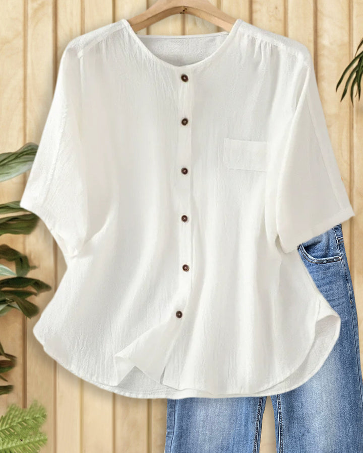 Solid Color Button Front Relaxed O Neck Blouse