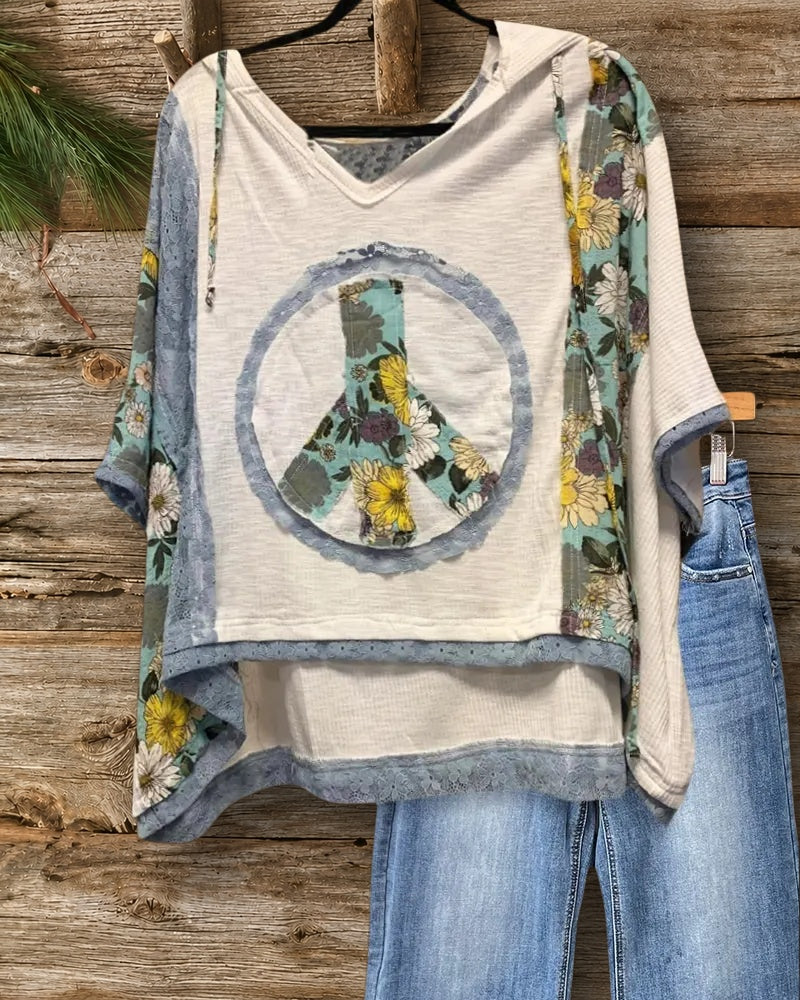 Floral Print & Lace Mixed Patchwork Stylish Peace Applique Blouse