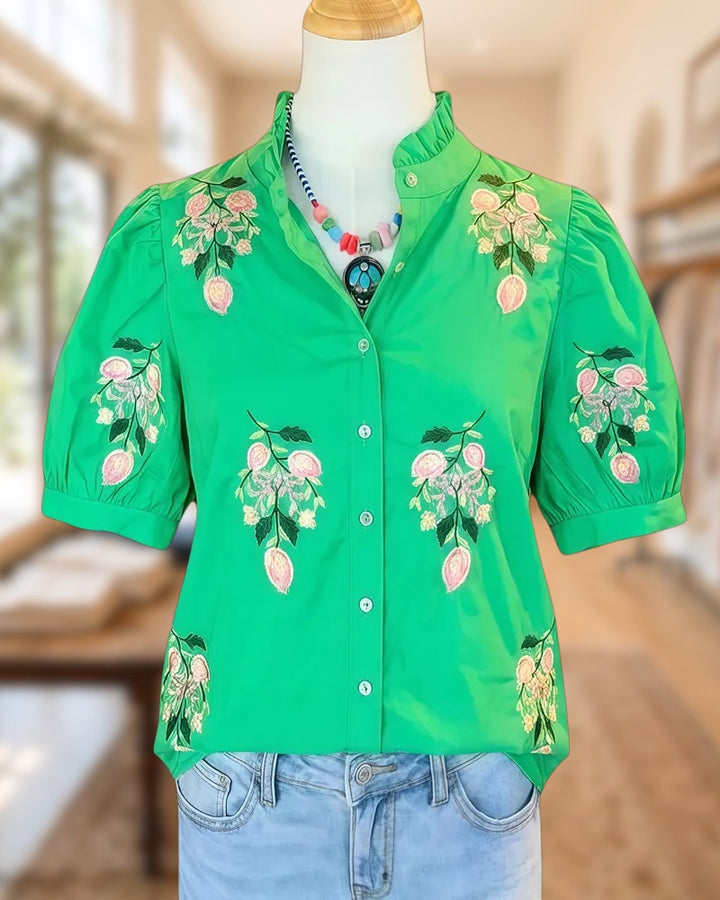 Floral Print Elegant Ruffled Collar Button Up Blouse