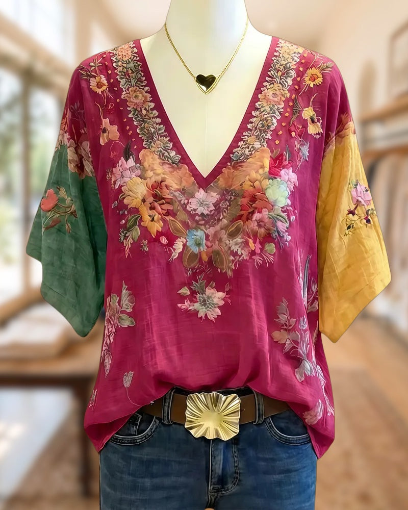 Floral Print Color Block Retro V Neck Blouse