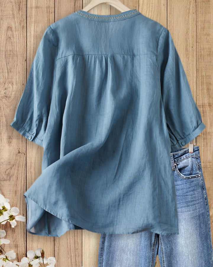 Floral Embroidered V Neck Half Sleeve Loose Casual Blouse
