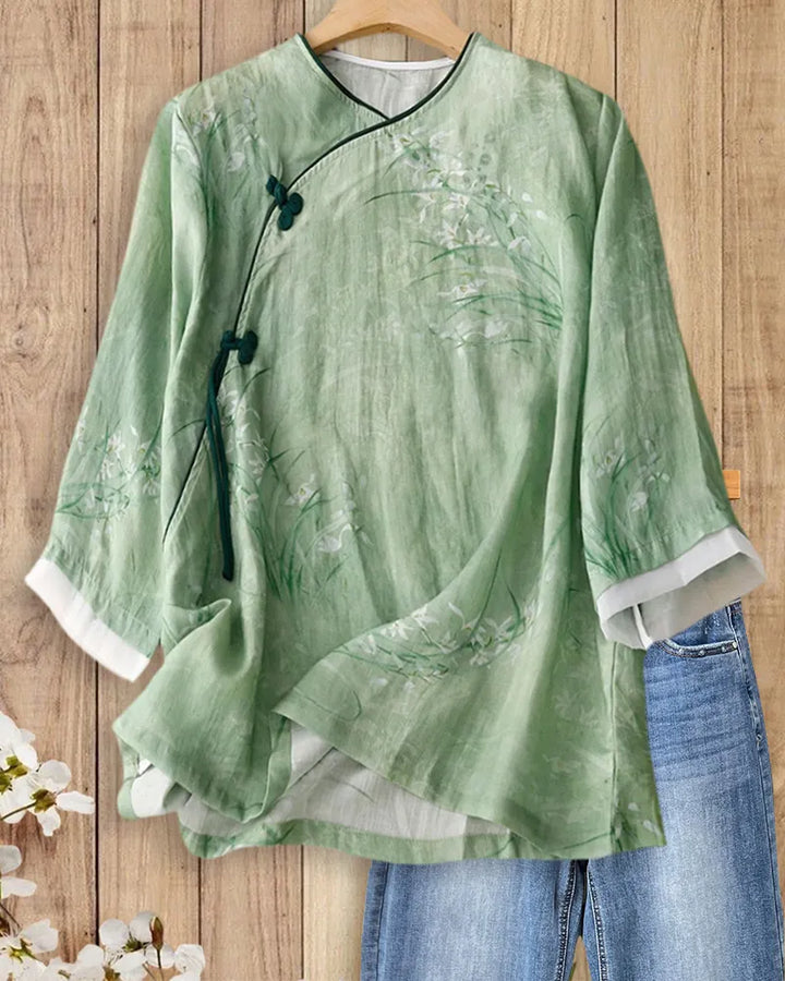 Floral Print Frog Button Slanted Placket 3/4 Sleeve Blouse