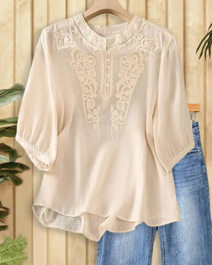 Embroidered Mandarin Collar Half Sleeve High Low Hem Casual Blouse