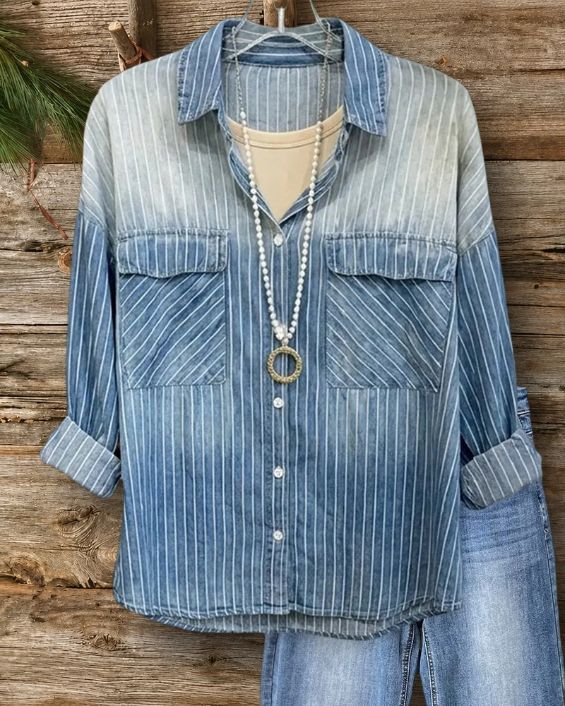 Striped Ombre Wash Chest Pocket Loose Long Sleeve Shirt