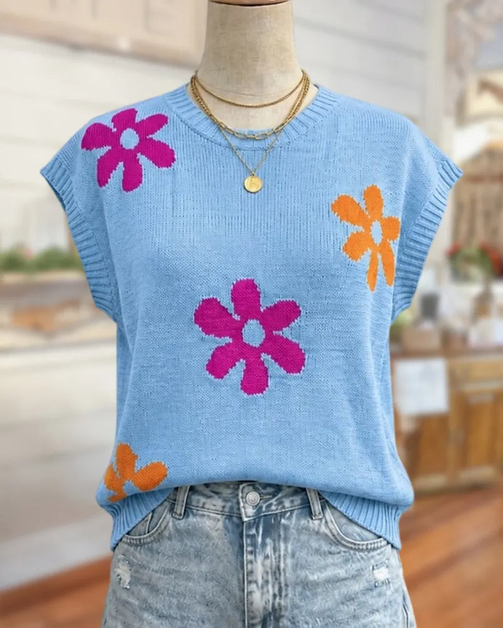 Floral Pattern Knitted Cap Sleeve Cute Casual Blouse