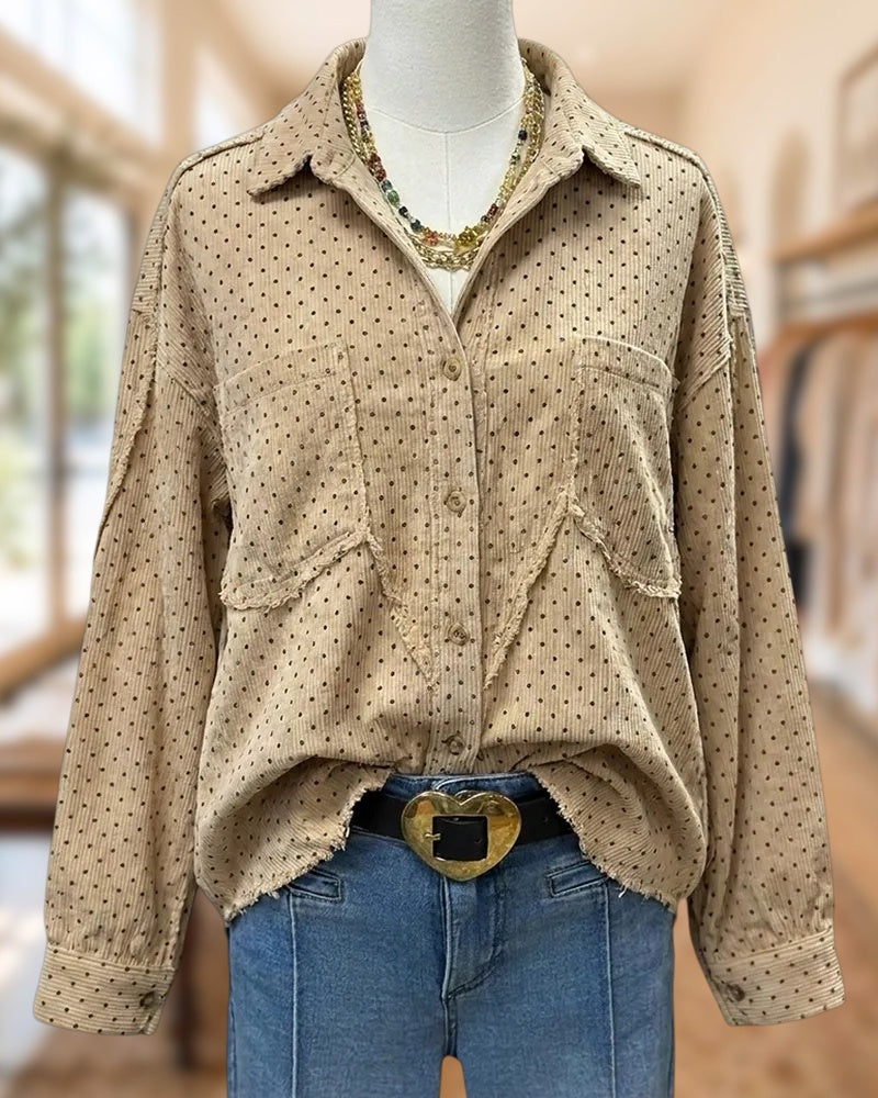 Polka Dot Collared Button Up Shirt With Frayed Details