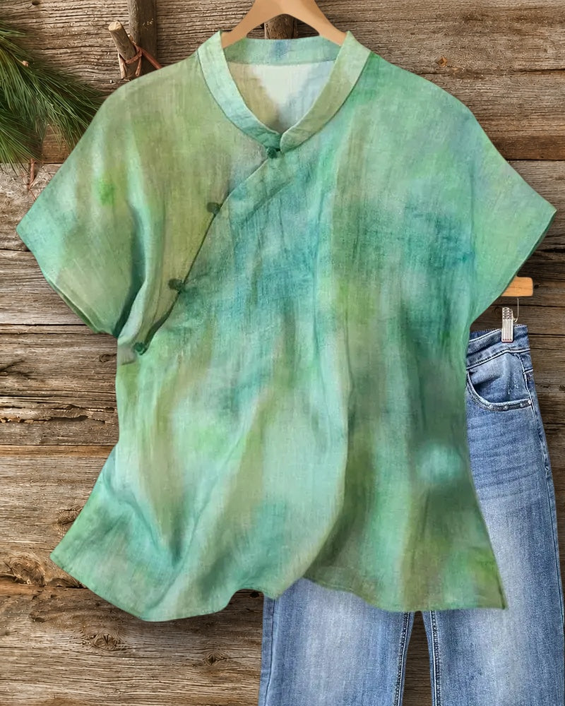 Mandarin Collar Short Sleeve Loose Tie Dye Casual Blouse