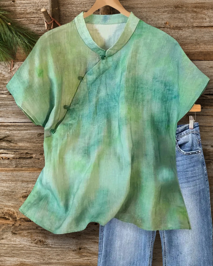 Mandarin Collar Short Sleeve Loose Tie Dye Casual Blouse