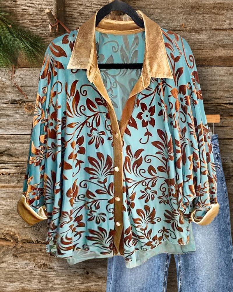 Velvet Floral Burn-Out Stylish Button Up Shirt