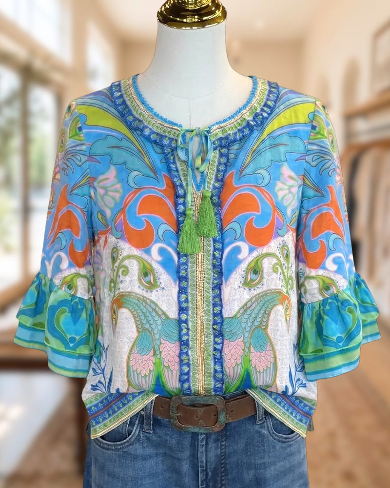 Boho Peacock Print Tie Neck Flare Sleeve Casual Blouse