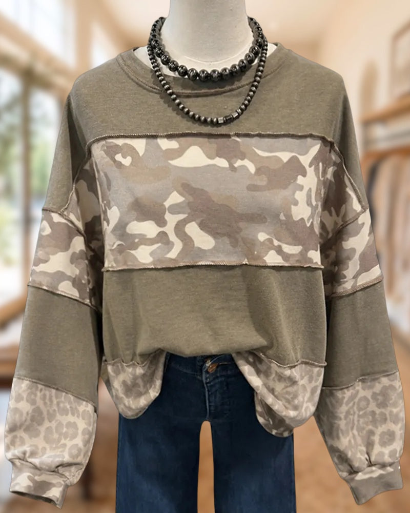 Camouflage Leopard Patchwork Exposed Seam Long Sleeve Sweatshirt