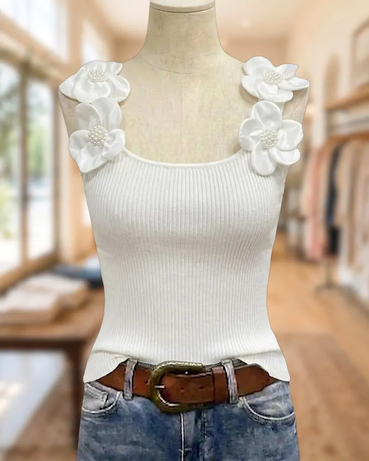 3D Floral Strap Ribbed Slim Fit Sleeveless Cami Top