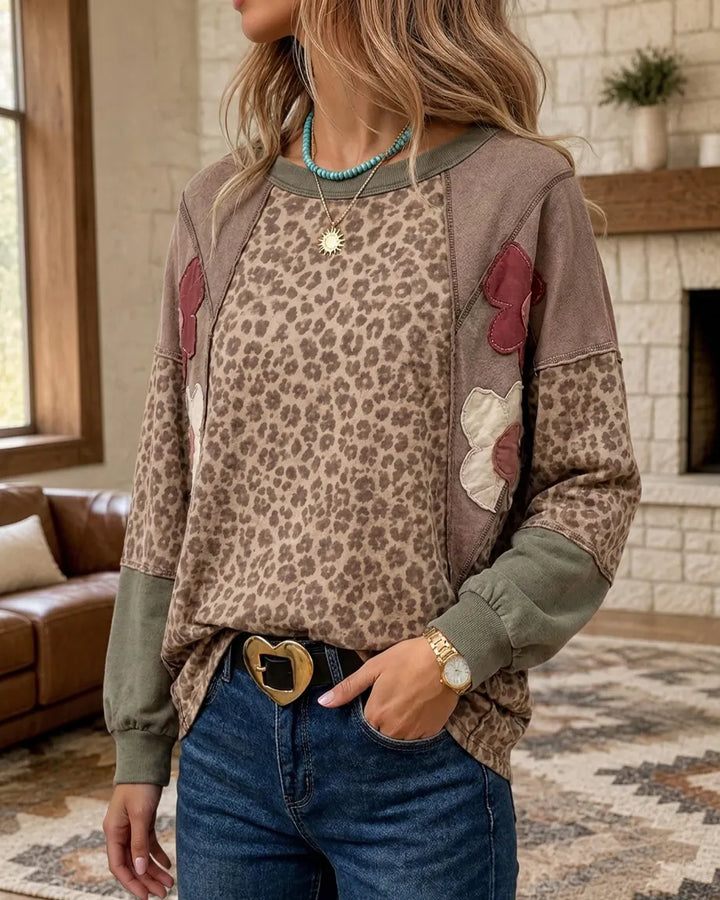 Leopard Patchwork Floral Applique Contrast Sleeve Cozy Chic Sweatshirt