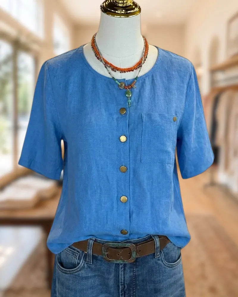 Button Front Short Sleeve Blouse With Chest Pocket